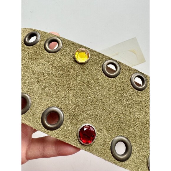 NWT MISS SIXTY 00s Y2K Ellie Green Suede Grommet Crystal Studded Fringe Belt - Picture 7 of 11